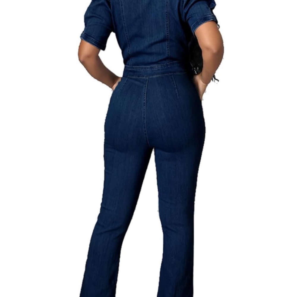 Navy Blue Denim Jumpsuit with Short Puff Sleeves